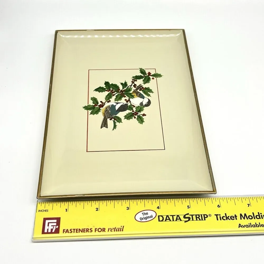VTG Otagiri Japan Chickadees Lacquerware Serving Tray Holly Bird Christmas Plate